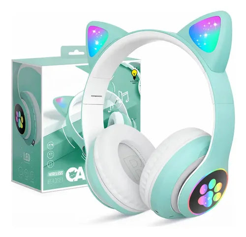 Audifonos Bluetooth Orejas De Gato Luz Led Rbg Recargables Verde Claro