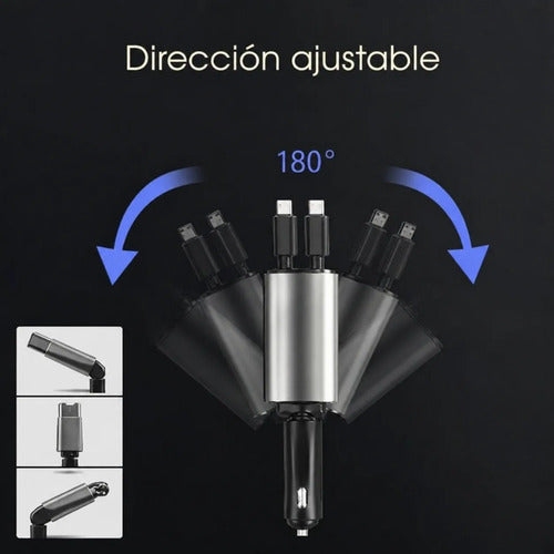 Cargador Auto 120w 4 En 1 Con 2 Cables Retráctiles 2 Puertos Negro