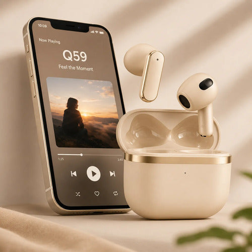 Kit Audífonos Bluetooth 5.49 Y Bolso Organizador Accesorios Beige
