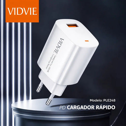 Cargador Rápido De Pared Vidvie 18w Usb-a A Usb-c Con Cable, Para Samsung, Xiaomi Y Huawei Blanco