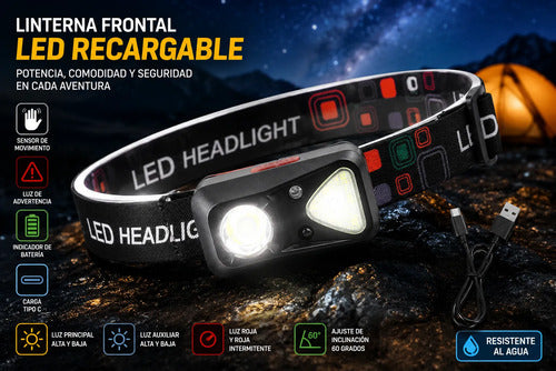 Linterna Frontal Led Recargable Luz Roja Y Sensor Movimiento