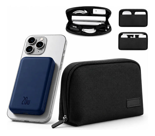 Kit Powerbank Magnético 5000mah Para iPhone Samsung + Bolso Azul/negro