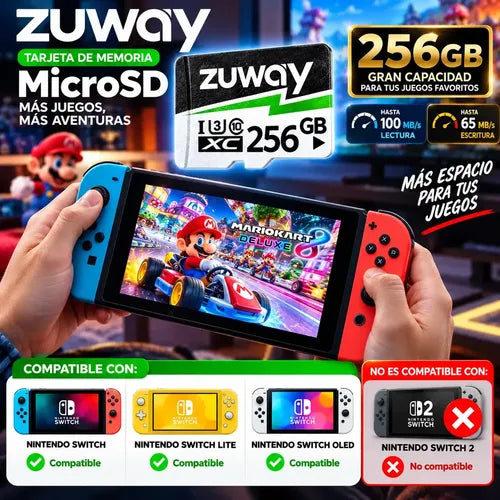 Tarjeta De Memoria Microsd Zuway 256gb Clase 10 U3 A1 Alta Velocidad 100mb/s Premium Compatible Con Nintendo Swicht 1, Video 8k, Celulares, Tablets, Cámaras De Seguridad Y Deportivas, Uso Profesional