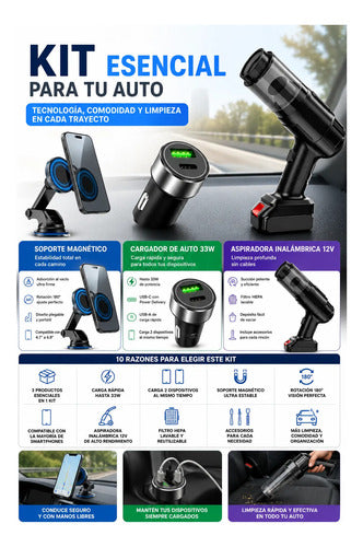 Kit Esencial Auto Aspiradora Cargador 33w Soporte Magnético Negro