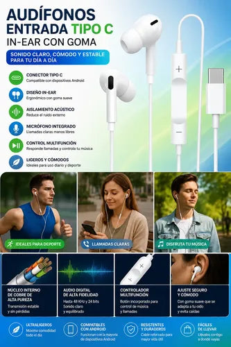 Audífonos Entrada Tipo C In-ear Con Goma Para Androide Blanco