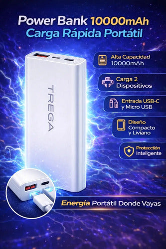 Power Bank Treqa Con Carga Rápida Y Doble Salida Usb Para Celular, Tablet, Smartwatch