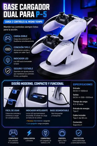 Base De Carga Dual Compatible Con Ps5 Joystick Luz Led Usb-c Blanco