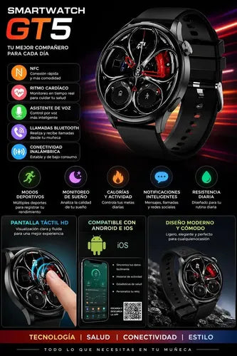 Smartwatch Deportivo Gt5 Control Salud Llamadas Nfc Negro Sport