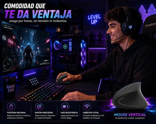 Mouse Vertical Inalámbrico Ergonómico Dpi Ajustable 6 Botone Negro
