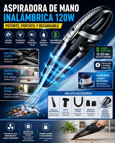 Aspiradora De Mano Inalámbrica 120w Para Auto Hogar Recargab Negro