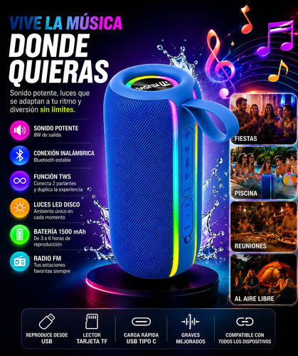 Parlante Bluetooth 8w Tws Luces Led Recargable Usb 1500mah