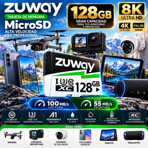 Tarjeta De Memoria Microsd Zuway 128gb Clase 10 U3 A1 Alta Velocidad 100mb/s Premium Compatible Con Nintendo Swicht 1, Video 8k, Celulares, Tablets, Cámaras De Seguridad Y Deportivas, Uso Profesional