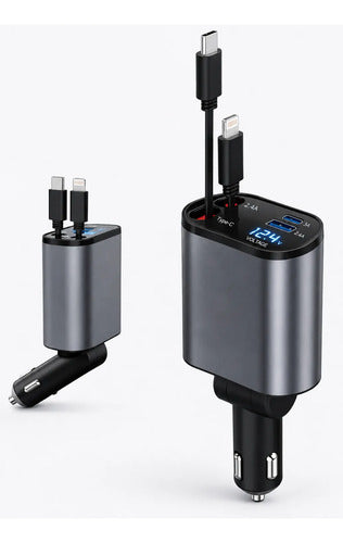 Cargador Auto 120w 4 En 1 Con 2 Cables Retráctiles 2 Puertos Negro