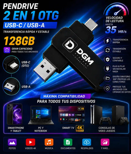 Pendrive Diegmark Otg 128gb 2 En 1 Usb C / Usb Para Smartphone Tablet Notebook Pc Smart Tv Consolas Respalda Tus Fotos,... Negro
