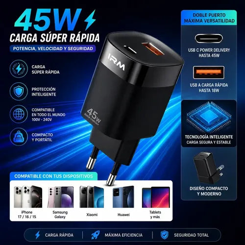 Cargador Rápido Irm De Pared Con 2 Puertos Usb (c Y A) Para iPhone Y Samsung Negro