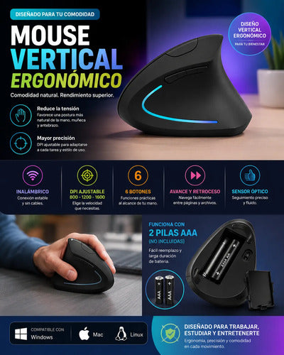 Mouse Vertical Inalámbrico Ergonómico Dpi Ajustable 6 Botone Negro