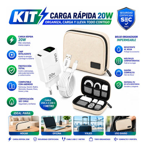 Kit Cargador Rápido 20w Usb C Para Android + Bolso Organizad Blanco/beige