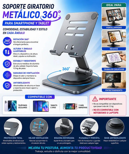 Soporte De Mesa Multiángulo Para Tablet Diegmark, Plegable Y Giratorio 360°, De Aluminio Plateado