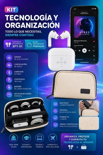 Kit Audífonos Inalámbricos Earbuds Con Bolso Organizador Blanco/beige