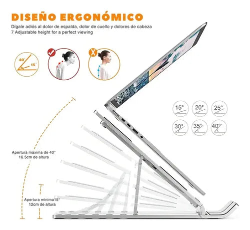 Soporte Plegable Para Laptop Diegmark Hc1532, De Aluminio Ajustable Con 7 Posiciones Plateado