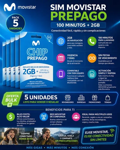 Sim Movistar Prepago 100 Minutos + 2gb Pack 5 Unidades 3 En 1