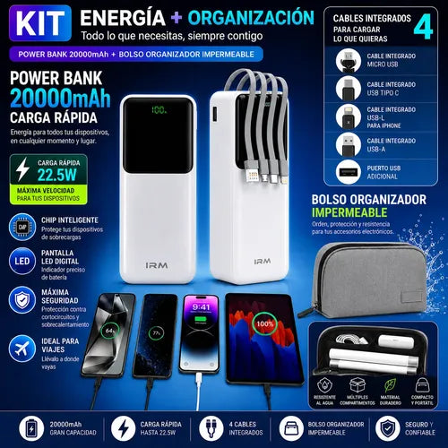 Kit Powerbank Rápido 20000mah Universal + Bolso Organizador