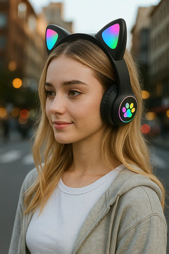 Audífonos Inalámbricos Orejas Gato Con Micrófono Recargables Negro