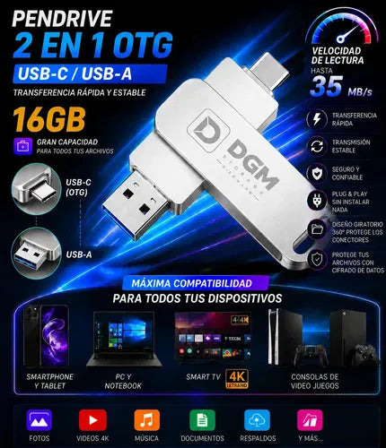 Pendrive Otg Diegmark 16gb Usb C / Usb 2 En 1 Para Smartphone Tablet Notebook Pc Smart Tv Consolas Respalda Tus Fotos,... Plateado