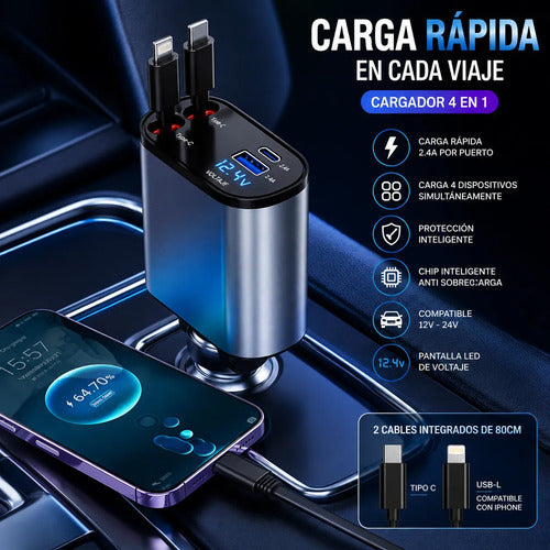 Cargador Auto 120w 4 En 1 Con 2 Cables Retráctiles 2 Puertos Negro