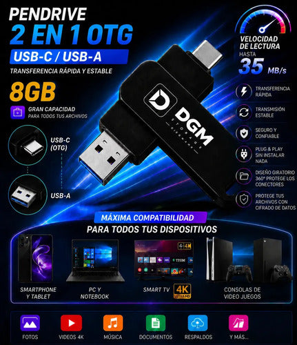 Pendrive Diegmark 8gb Usb 3.0 Y Usb-c Otg Para Móvil Y Pc Negro