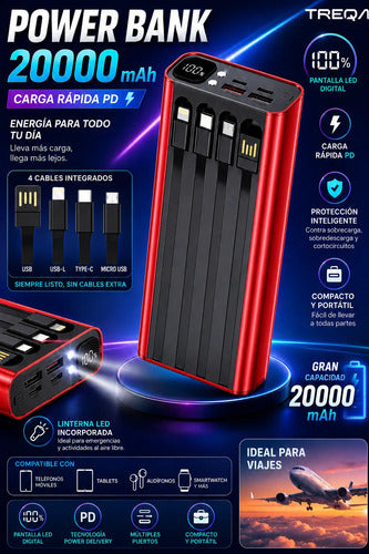 Powerbank 20000mah Carga Rápida Luz Led Cables Integrados