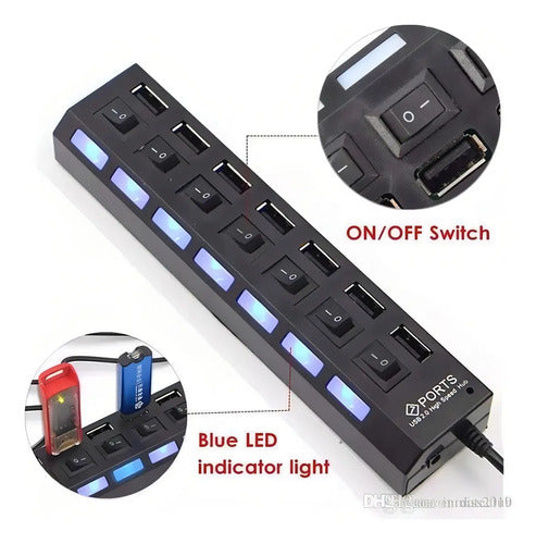 Hub Usb De 7 Puertos Con Interruptores Y Luces Led Para Pc Y Laptop Negro