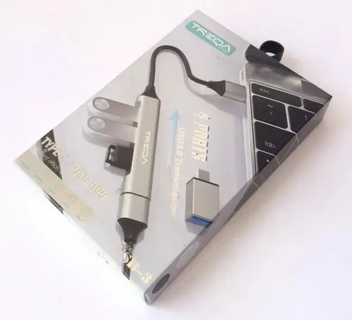 Hub Usb Treqa De 4 Puertos Con Adaptador Tipo C Para Pc Macbook Y Laptop Plateado