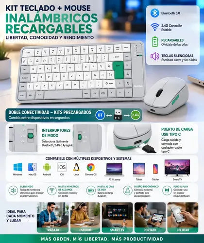 Kit Teclado Y Mouse Inalámbricos Recargables Gris Para Pc, Smart Tv Y Tablet