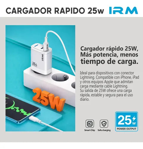 Cargador Rápido De Pared Compatible con iPhone Con Cable Incluido Blanco