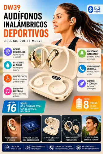 Audífonos Deportivos Bluetooth 5.3 Micrófono Control Táctil Beige/dorado