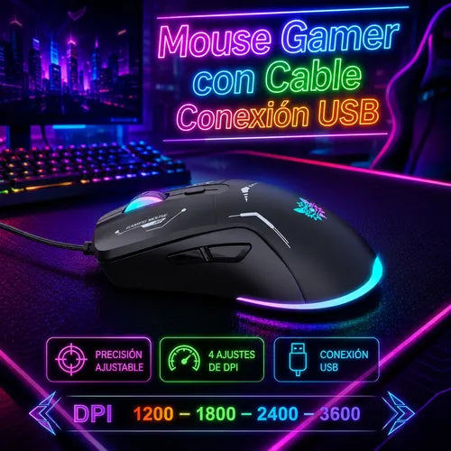 Mouse Gaming Rgb Con Cable Usb 3600 Dpi Alta Precisión Negro