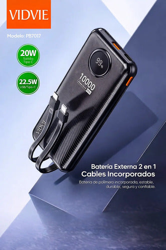 Powerbank 10000mah 22.5w Con Cables Compatible Con iPhone Negro