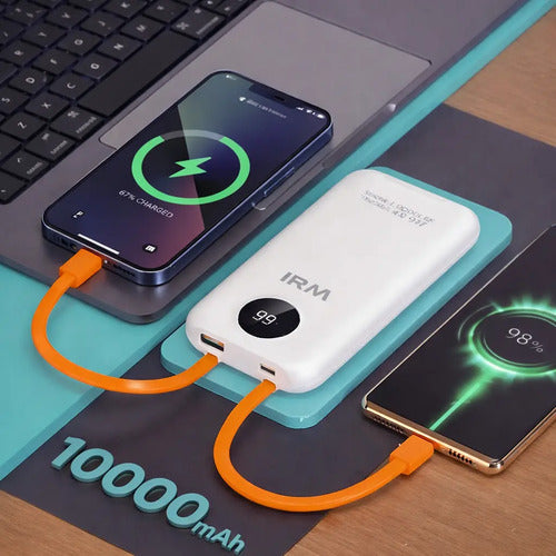 Power Bank Irm Ir49 De 10000 Mah Con Carga Rápida Y Cables Integrados Para iPhone Y Android Blanco
