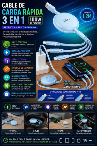 Cable De Carga Rápida Irm 3 En 1 De 100w, Retráctil Y Con Conectores Para iPhone, Micro Usb Y Tipo C Azul Claro