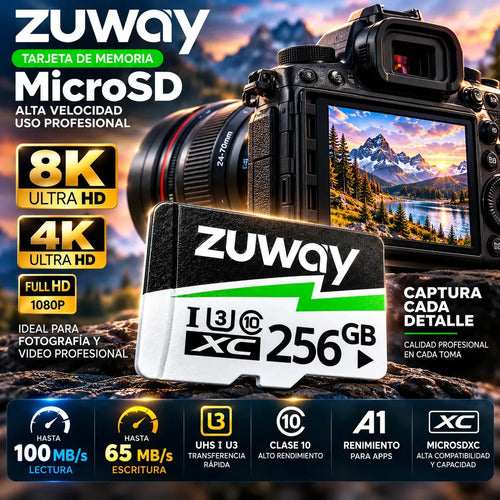 Tarjeta De Memoria Microsd Zuway 256gb Clase 10 U3 A1 Alta Velocidad 100mb/s Premium Compatible Con Nintendo Swicht 1, Video 8k, Celulares, Tablets, Cámaras De Seguridad Y Deportivas, Uso Profesional