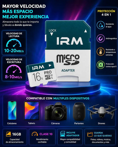 Tarjeta Micro Sd Irm De 16 Gb Clase 10 Con Adaptador Para Celulares Y Cámaras