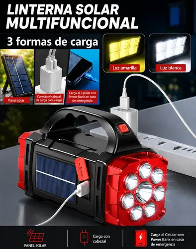 Linterna Solar Led Multifunción Recargable Usb + Powerbank Blanca/ Amarilla Negro/rojo