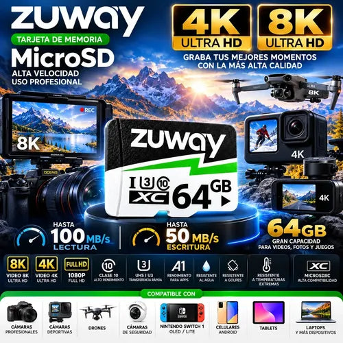 Tarjeta De Memoria Microsd Zuway 64gb Clase 10 U3 A1 Alta Velocidad 100mb/s Premium Compatible Con Nintendo Swicht 1, Video 8k, Celulares, Tablets, Cámaras De Seguridad Y Deportivas, Uso Profesional