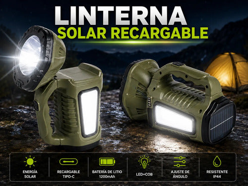 Linterna Led Cob Solar Recargable Usb 1200mah Ajustable 90° Luz Led Blanco Verde