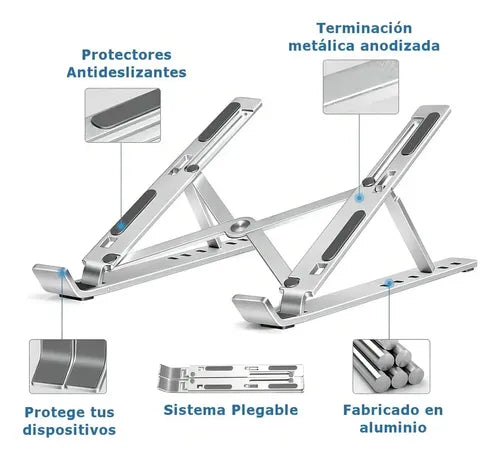Soporte Plegable Para Laptop Diegmark Hc1532, De Aluminio Ajustable Con 7 Posiciones Plateado