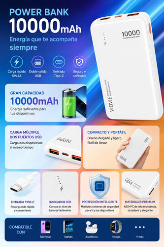 Power Bank 10000mah Portátil Carga Rápida Compacto Y Ligero Blanco