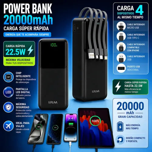 Powerbank 20000mah Cables Integrados Carga Rápida Universal Negro