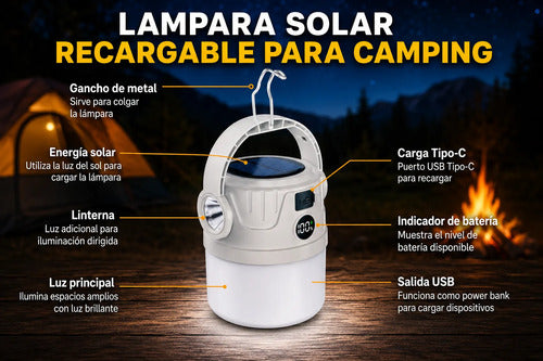 Lampara Solar Camping Farol Colgante Recargable Power Bank Gris