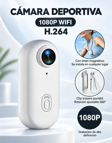 Mini Cámara Deportiva Wifi 1080p Sumergible Clip Magnético Blanco